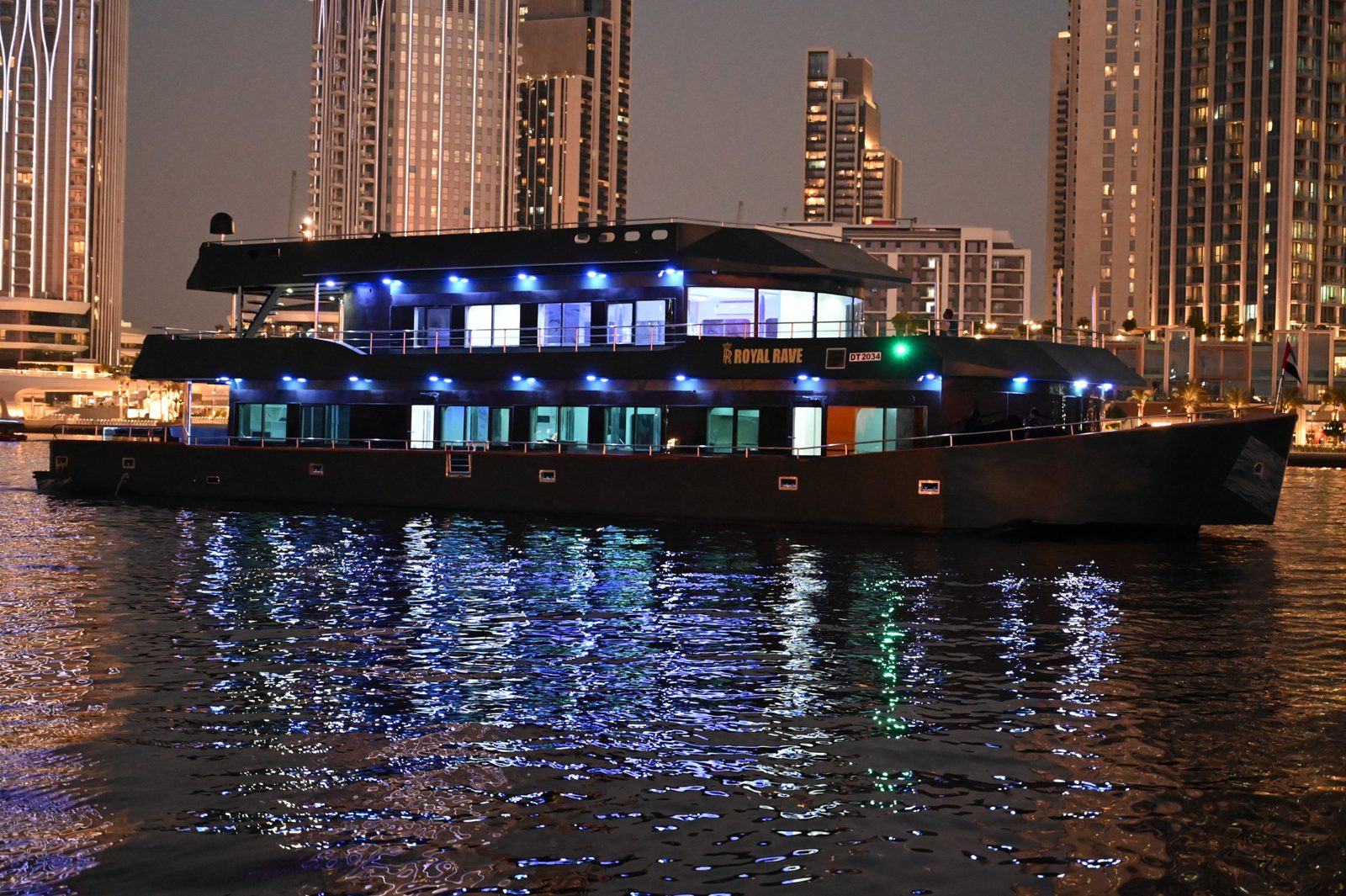 Royal Rave 140ft lit up at night in Dubai
